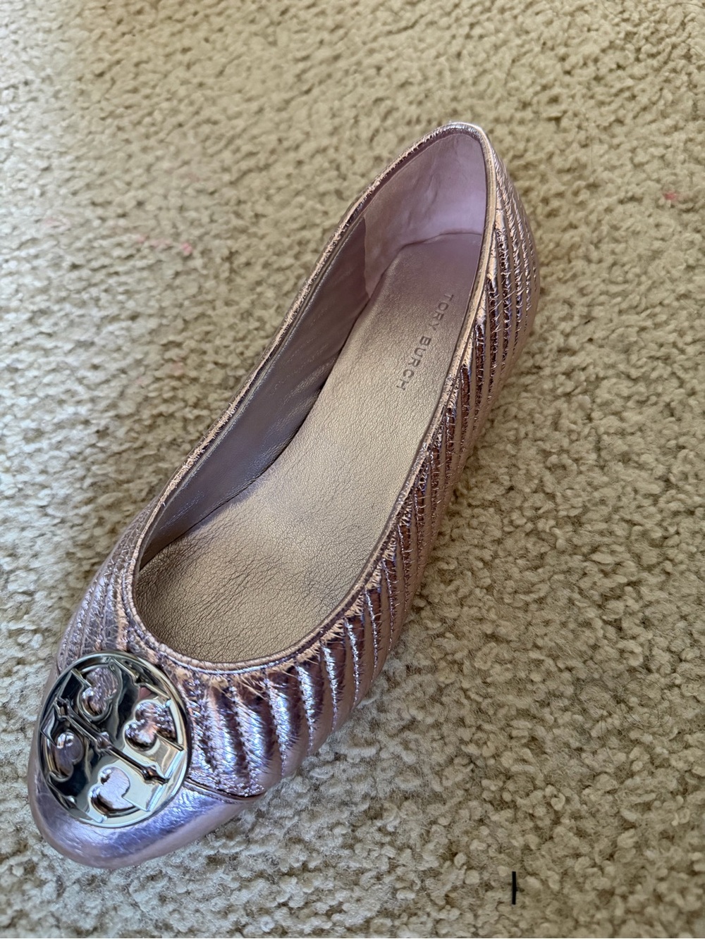 Tory Burch Rose Gold Quilted Logo Ballet Flat